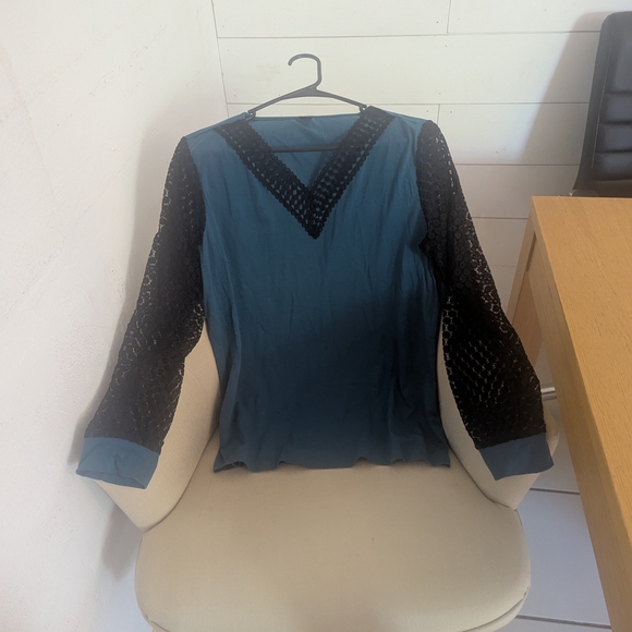 SHEIN Teal and Black Lace Blouse - Picture 1 of 4